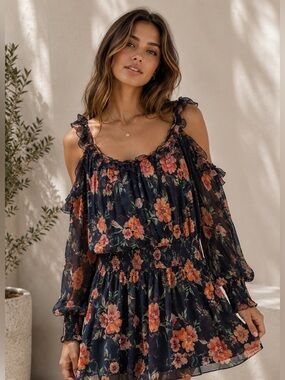 Johnny Was navy floral silk cold-shoulder smocked m